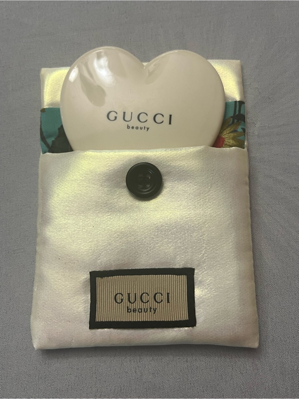 Gucci Cream Heart-Shaped Mirror with Floral-Lined Satin Pouch